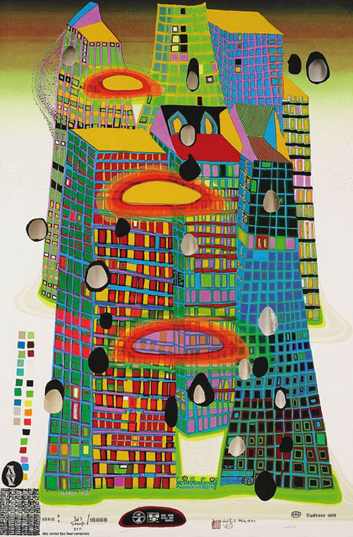 Hundertwasser - Good Morning City - Bleeding Town - series PP - 1969 color screenprint